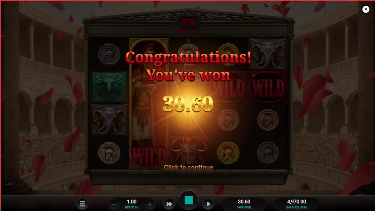 Interface do jogo de slot Arena of Fortune com tema de gladiadores