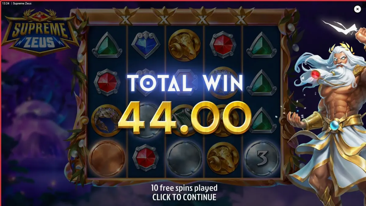 Captura de tela do jogo Supreme Zeus, mostrando Zeus com raios e o grid de 5x4 com símbolos mitológicos.