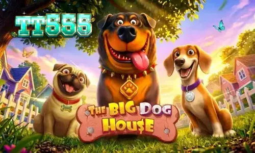 Interface do jogo de slot The Big Dog House com símbolos caninos
